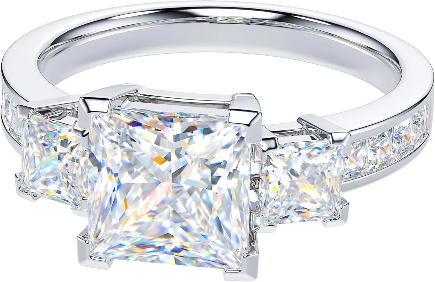 THELANDA Sterling Silver Center 1.5CT Three Stone Style All Princess Cut Side Stones Promise Engagement Ring
