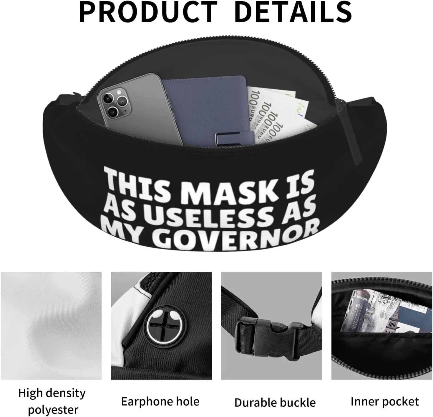 This Mask Is As Useless As The Governor Unisex Adjustable Waist Bag Outdoor Sports Running Waist Bag Business Travel Phone Bag