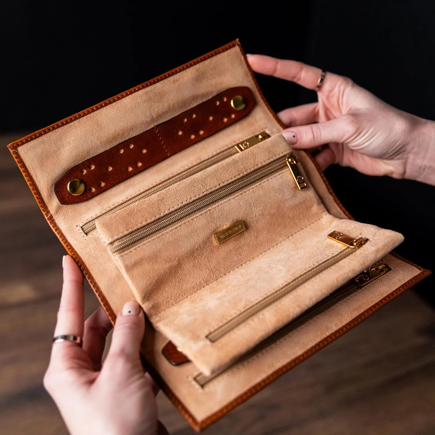 Time Resistance Leather Jewelry Roll - Full Grain Leather Travel Jewelry Case - Jewellery Organizer Made in Italy (Cognac Brown)