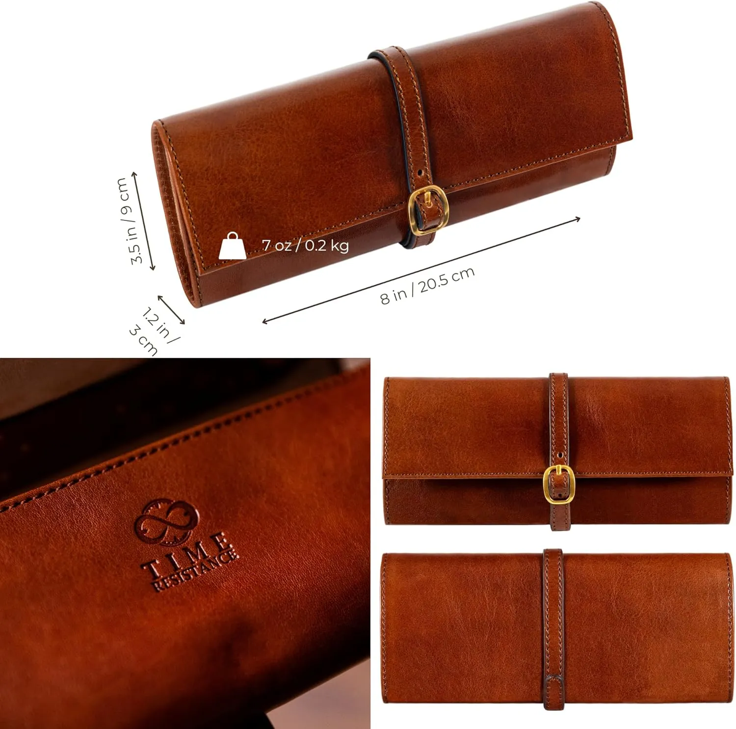 Time Resistance Leather Jewelry Roll - Full Grain Leather Travel Jewelry Case - Jewellery Organizer Made in Italy (Cognac Brown)