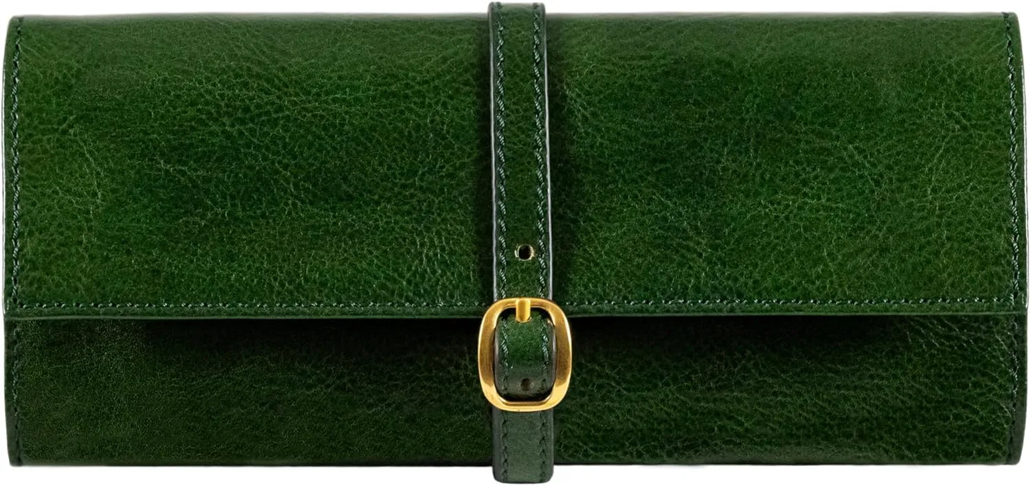 Time Resistance Leather Jewelry Roll - Full Grain Leather Travel Jewelry Case - Jewellery Organizer Made in Italy (Green)
