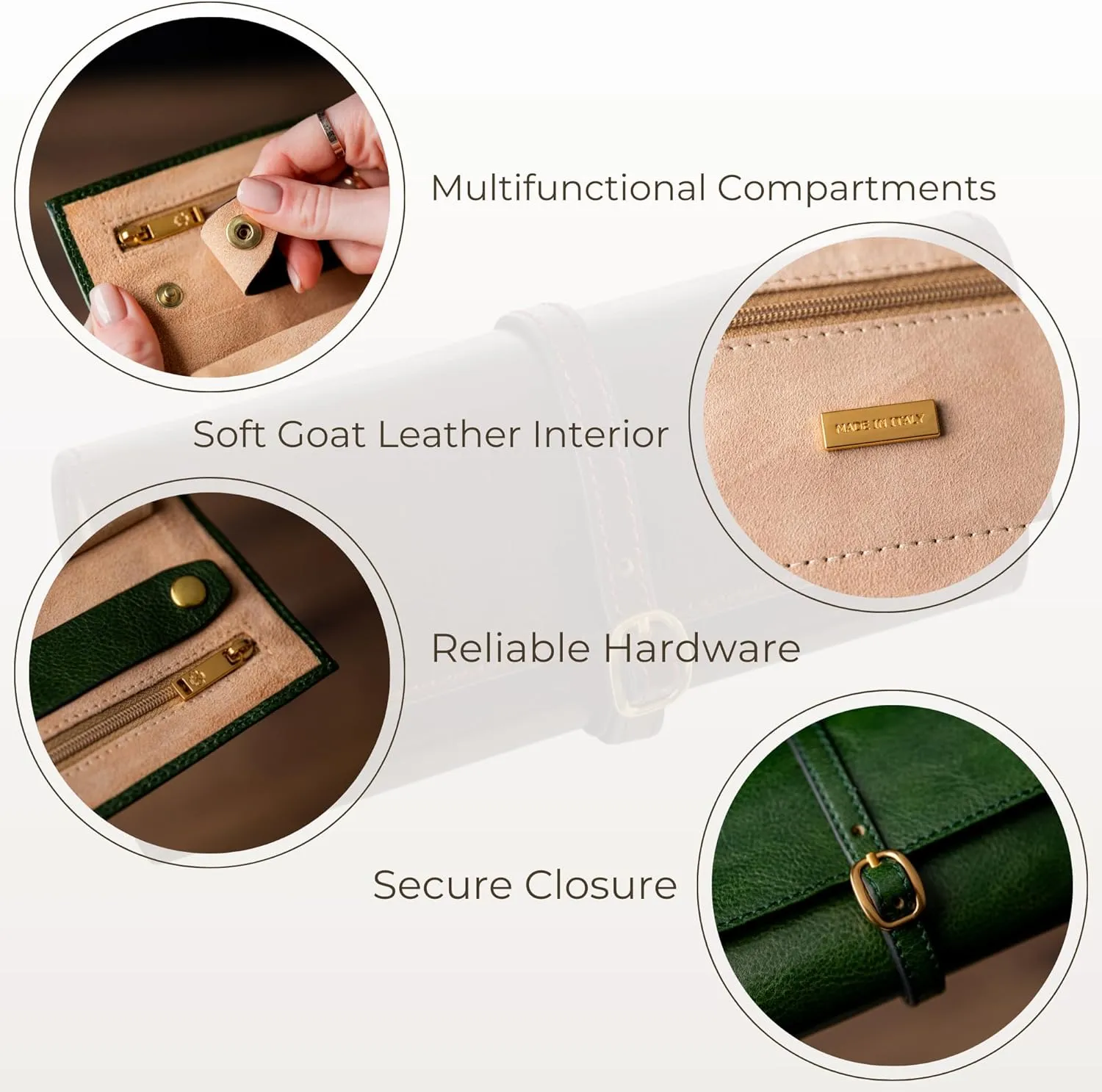 Time Resistance Leather Jewelry Roll - Full Grain Leather Travel Jewelry Case - Jewellery Organizer Made in Italy (Green)