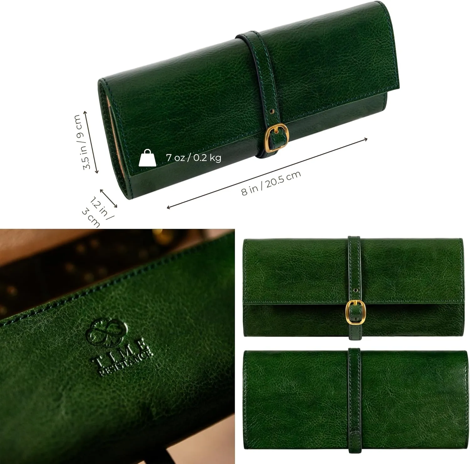 Time Resistance Leather Jewelry Roll - Full Grain Leather Travel Jewelry Case - Jewellery Organizer Made in Italy (Green)