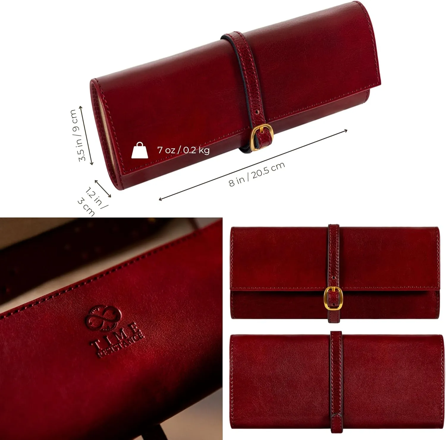 Time Resistance Leather Jewelry Roll - Full Grain Leather Travel Jewelry Case - Jewellery Organizer Made in Italy (Red)