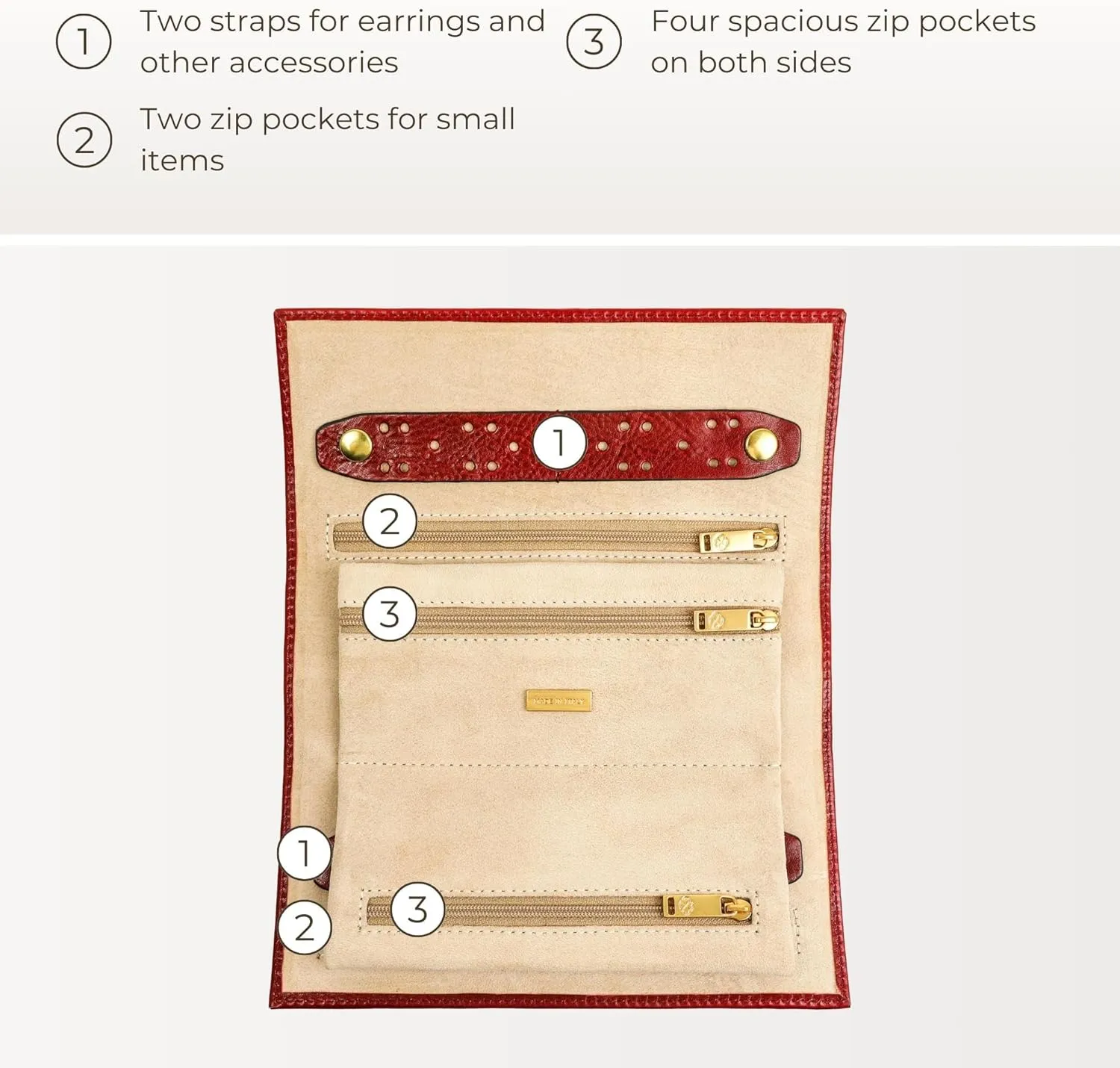 Time Resistance Leather Jewelry Roll - Full Grain Leather Travel Jewelry Case - Jewellery Organizer Made in Italy (Red)