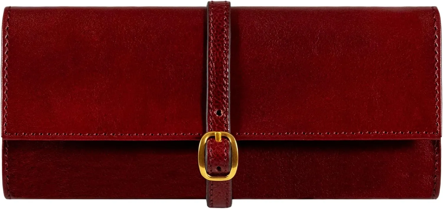 Time Resistance Leather Jewelry Roll - Full Grain Leather Travel Jewelry Case - Jewellery Organizer Made in Italy (Red)