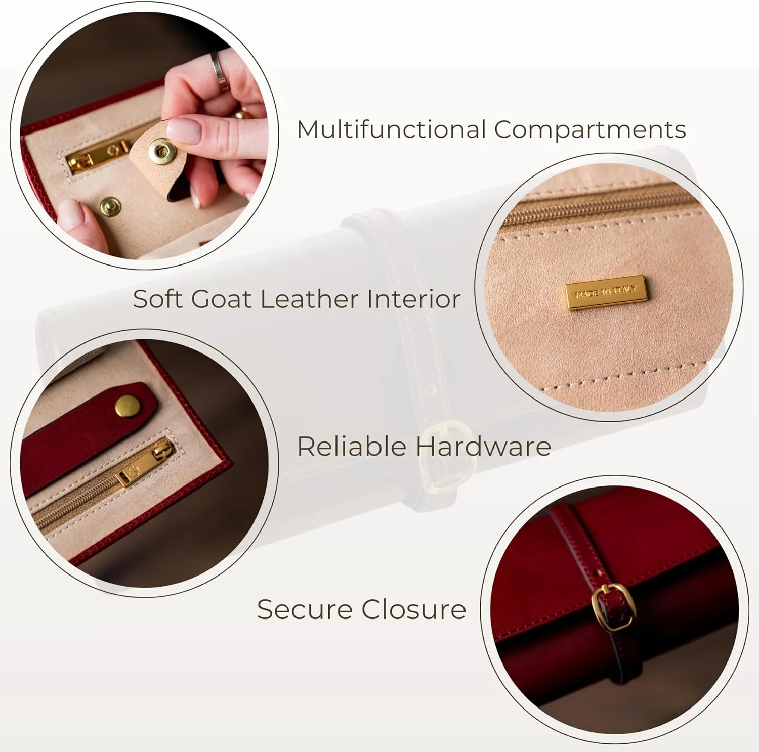 Time Resistance Leather Jewelry Roll - Full Grain Leather Travel Jewelry Case - Jewellery Organizer Made in Italy (Red)