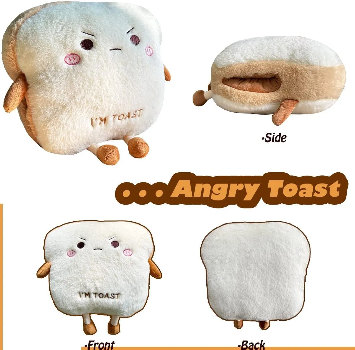 Toast Bread Plush Pillow, Bread Stuffed Pillow,Food Plush Pillow with Hand Pocket Great Gift Choice for Kids Adults (15.7 * 13.7 in,Angry)