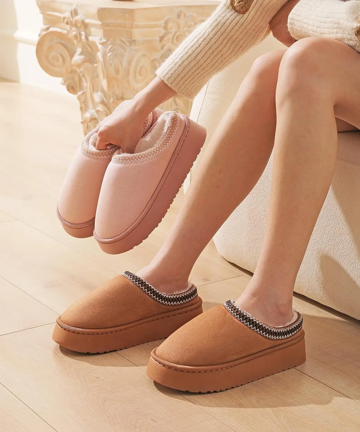 TOCONFFON Women's Fuzzy Cozy Warm Slippers Lightweight Platform House Slippers Fluffy Anti-Skid Plush Memory Foam Indoor Outdoor Home Shoes