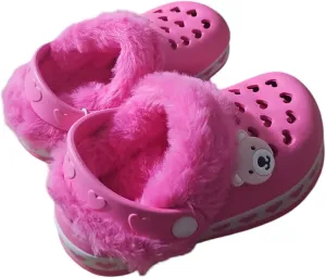 Toddler Girls' Plush Furry Pink Clog Slippers with Bear Face