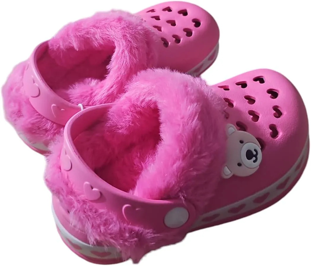 Toddler Girls' Plush Furry Pink Clog Slippers with Bear Face