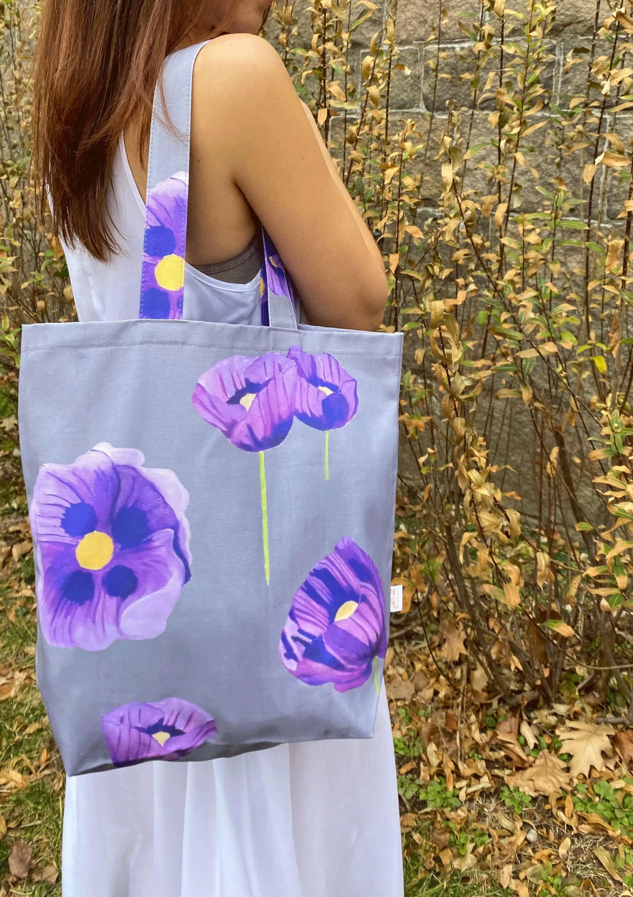 Tote Bag: Purple Poppies on Grey