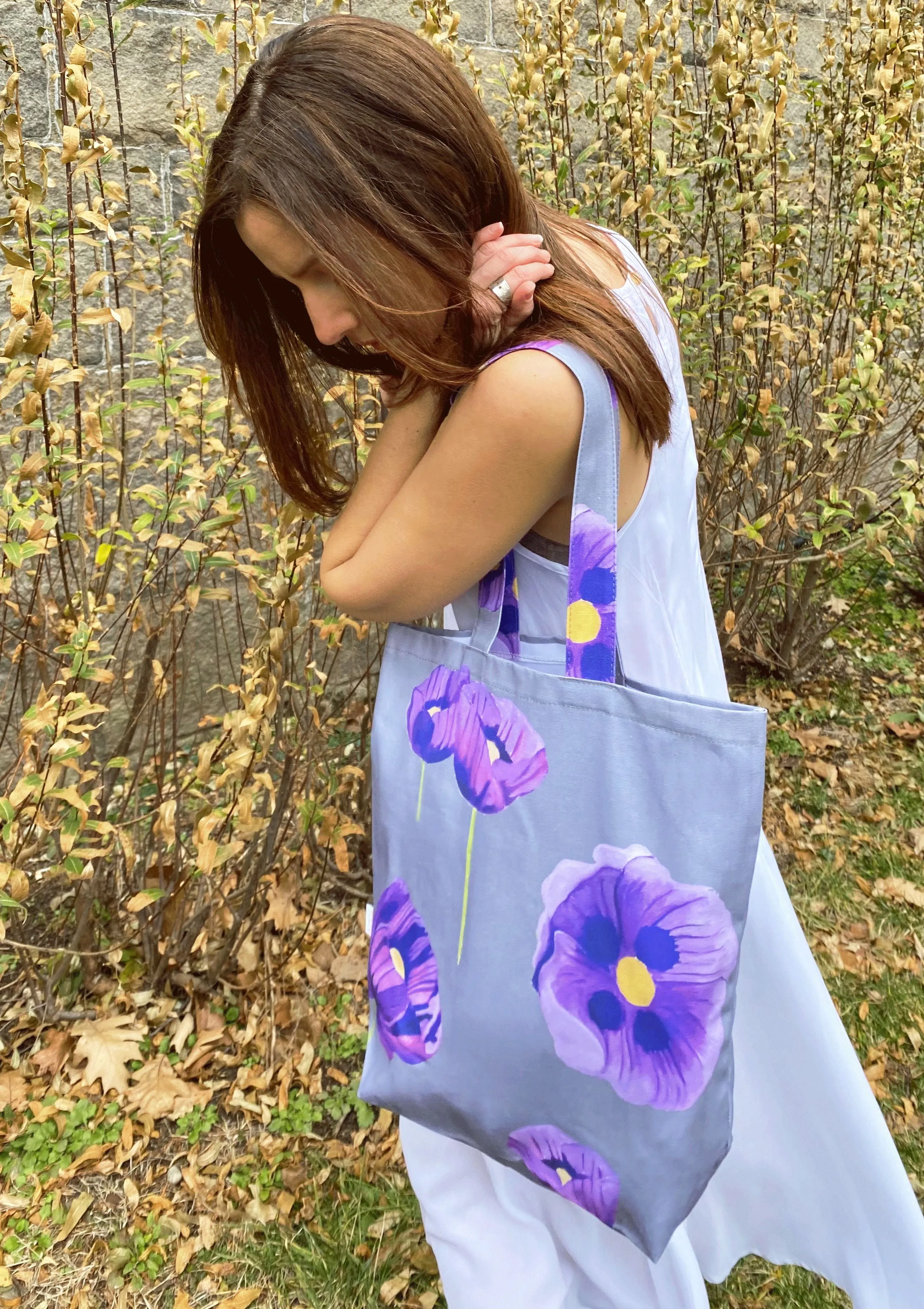 Tote Bag: Purple Poppies on Grey