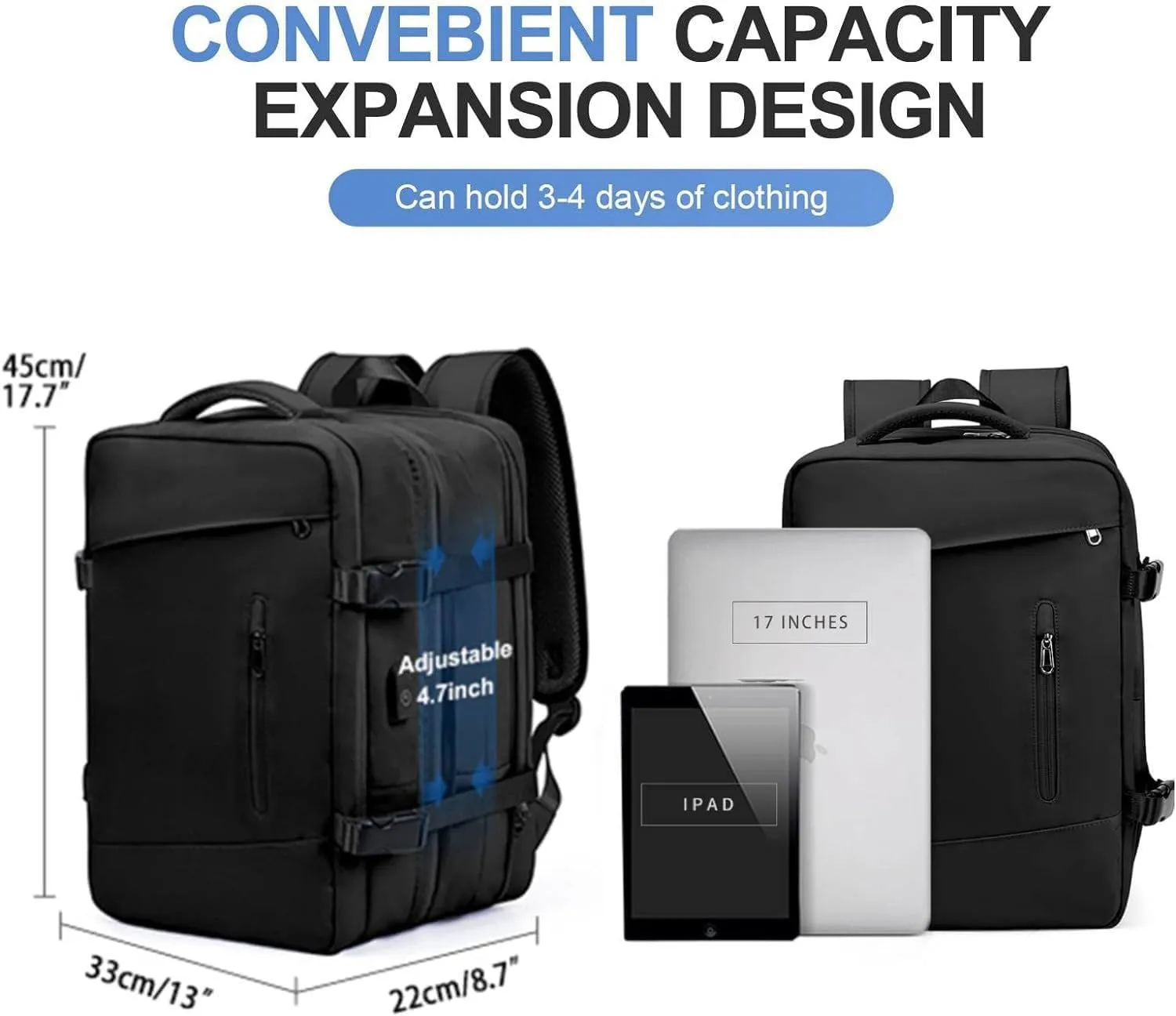 Travel backpack 17-inch Laptop Backpack for Work and Travel, Large Capacity, USB Charger Port, Anti-Theft Design (Black)