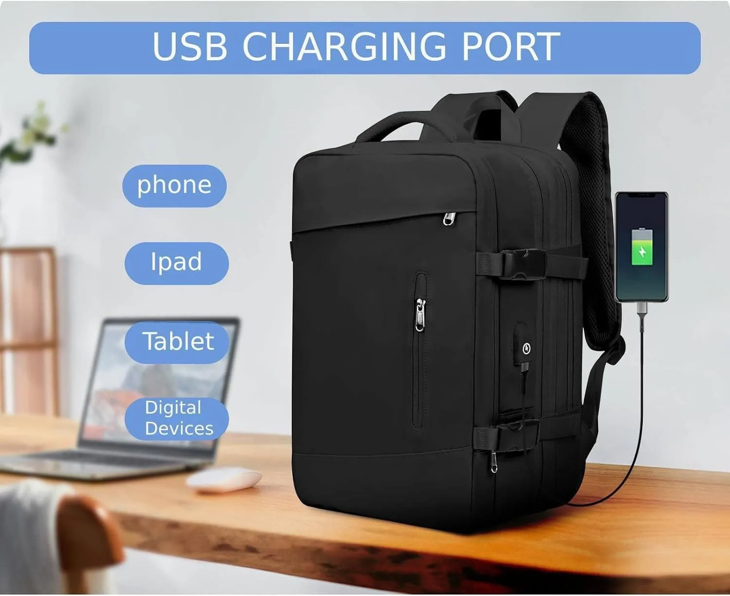 Travel backpack 17-inch Laptop Backpack for Work and Travel, Large Capacity, USB Charger Port, Anti-Theft Design (Black)