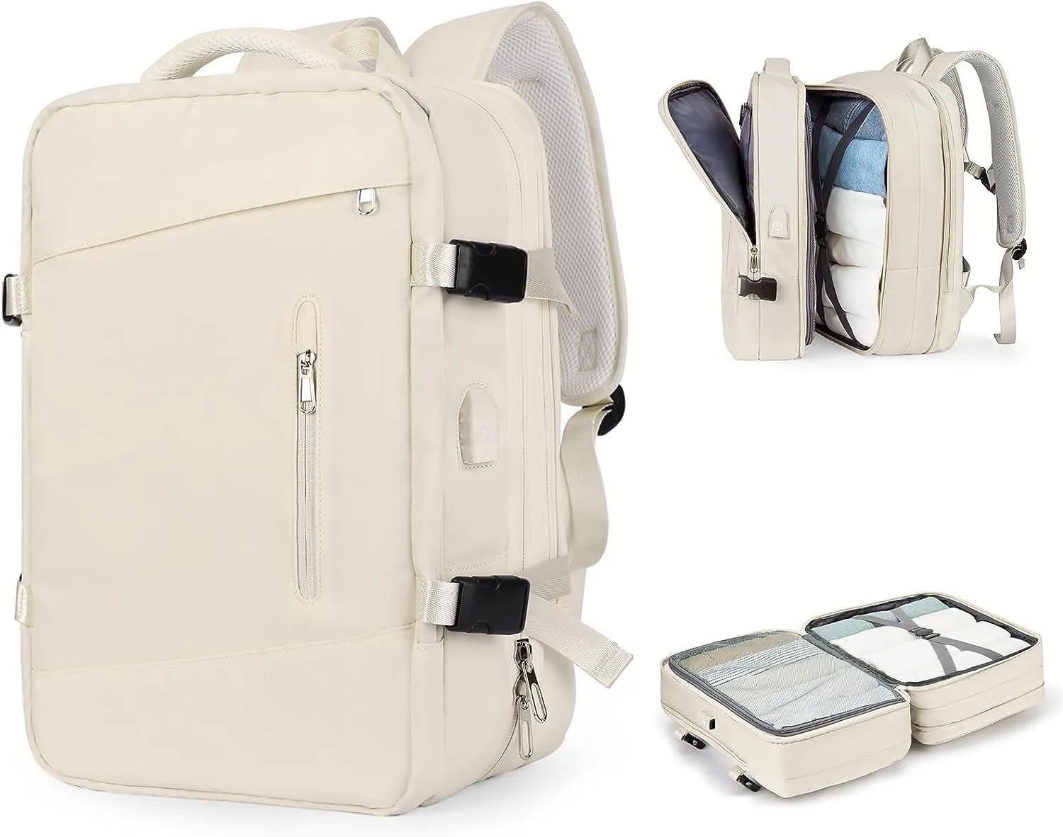 Travel backpack 17-inch Laptop Backpack for Work and Travel, Large Capacity, USB Charger Port, Anti-Theft Design (Off white)