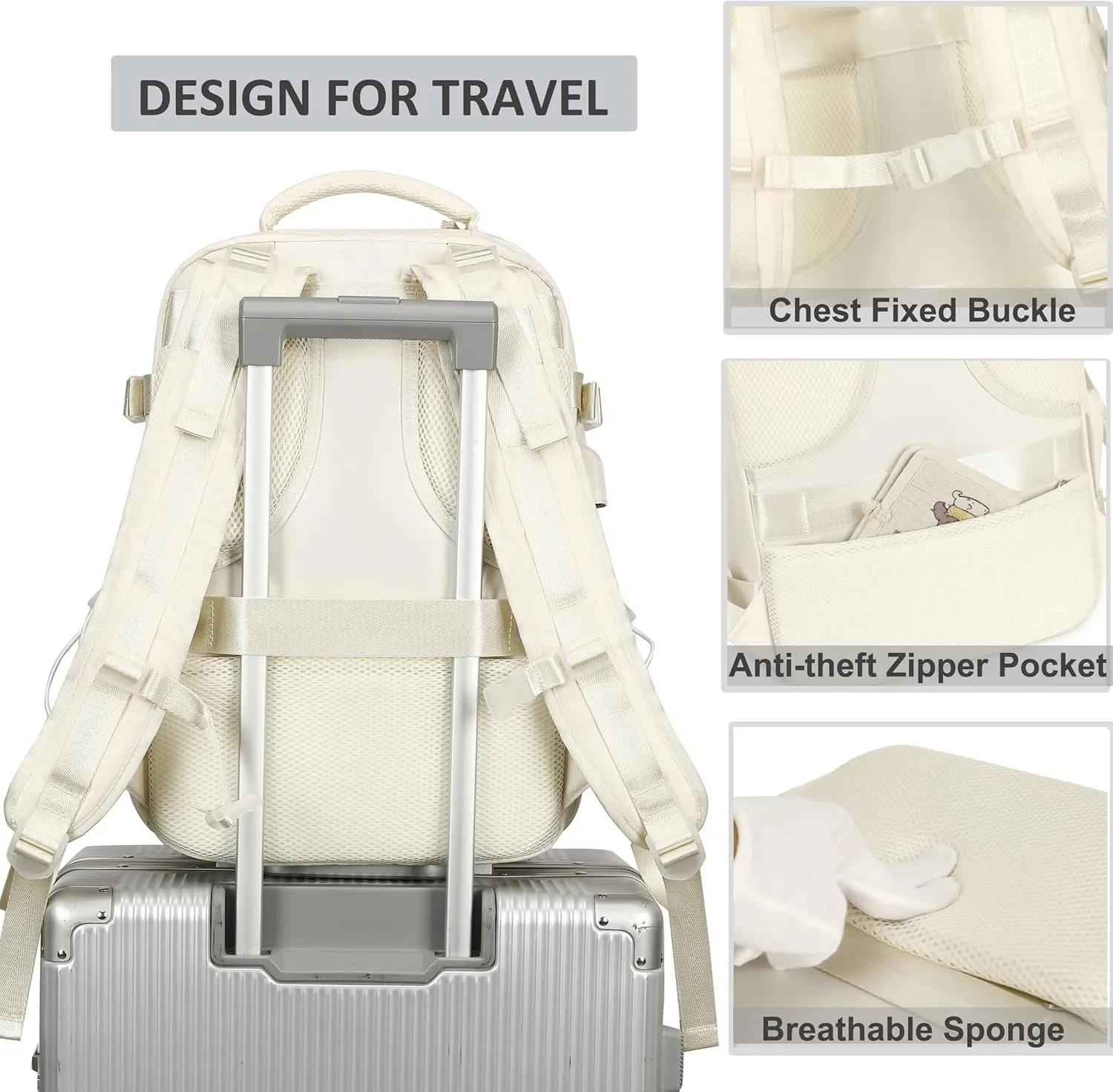 Travel Backpack for Women Men 17 Inch Laptop Backpacks with USB Port Carry on Bag Airline Approved Large College School Bookbags Waterproof Work Business Sport Rucksack Casual Daypack (White)