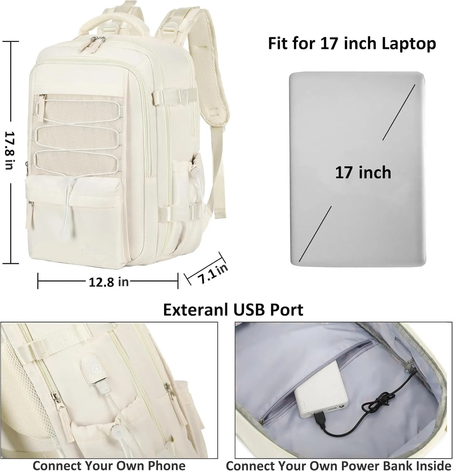 Travel Backpack for Women Men 17 Inch Laptop Backpacks with USB Port Carry on Bag Airline Approved Large College School Bookbags Waterproof Work Business Sport Rucksack Casual Daypack (White)