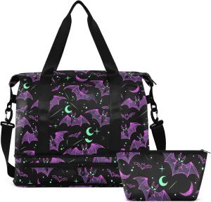 Travel Duffel Tote Bag Neon Purple and Bats Stars and Moons Sports Duffel Bag with Wet Pocket Weekender Overnight Bag for Women Men Gym Bag, Carry On Bag Hospital Bag for Labor and Delivery