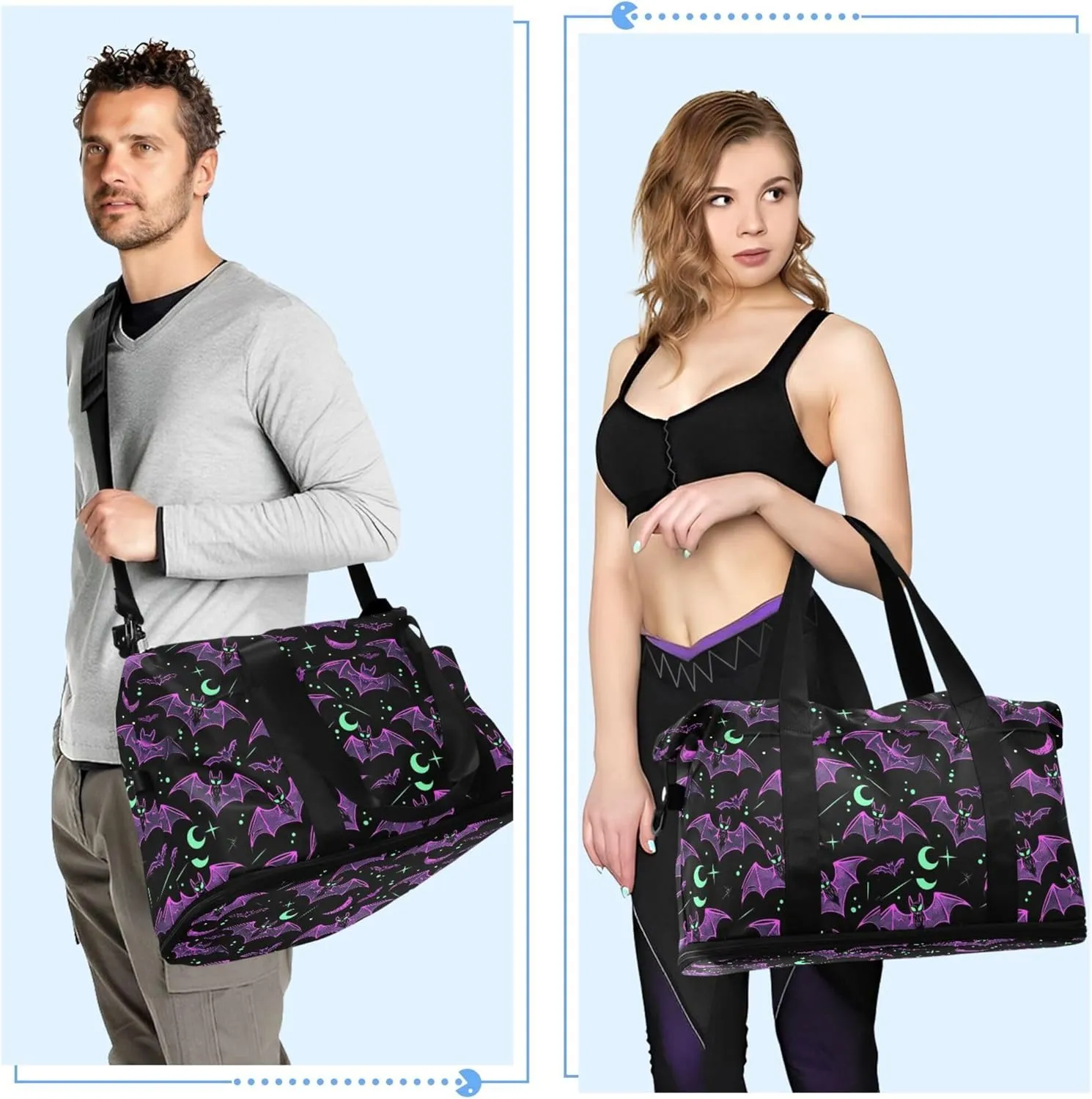 Travel Duffel Tote Bag Neon Purple and Bats Stars and Moons Sports Duffel Bag with Wet Pocket Weekender Overnight Bag for Women Men Gym Bag, Carry On Bag Hospital Bag for Labor and Delivery