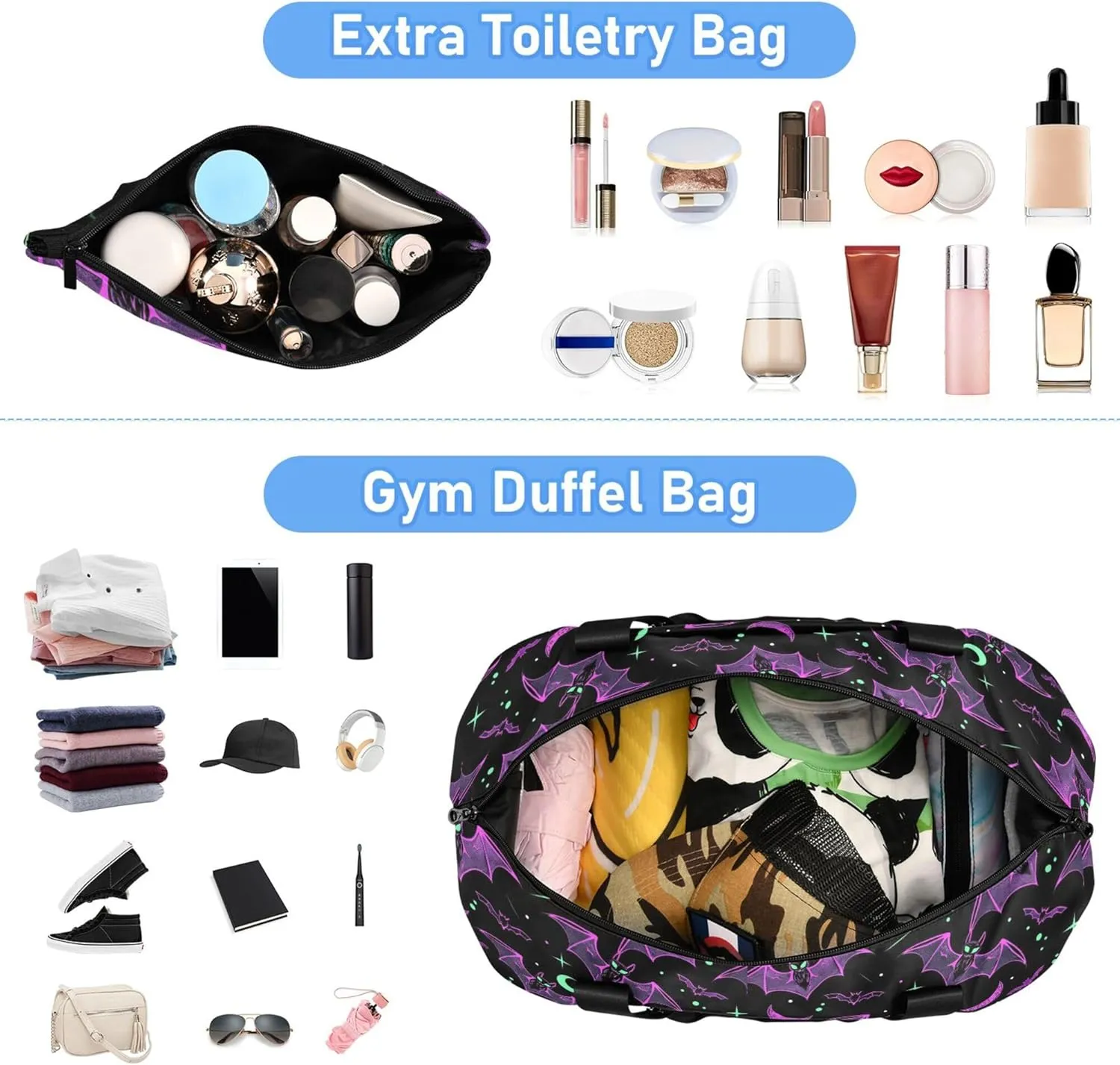 Travel Duffel Tote Bag Neon Purple and Bats Stars and Moons Sports Duffel Bag with Wet Pocket Weekender Overnight Bag for Women Men Gym Bag, Carry On Bag Hospital Bag for Labor and Delivery