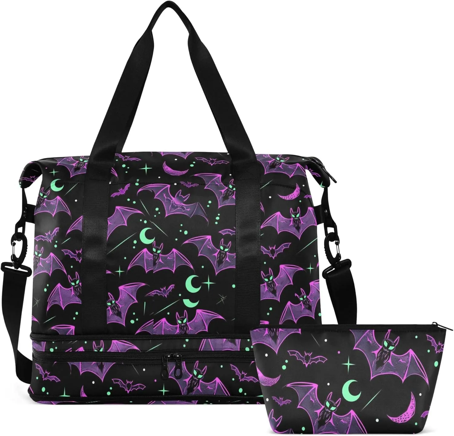 Travel Duffel Tote Bag Neon Purple and Bats Stars and Moons Sports Duffel Bag with Wet Pocket Weekender Overnight Bag for Women Men Gym Bag, Carry On Bag Hospital Bag for Labor and Delivery