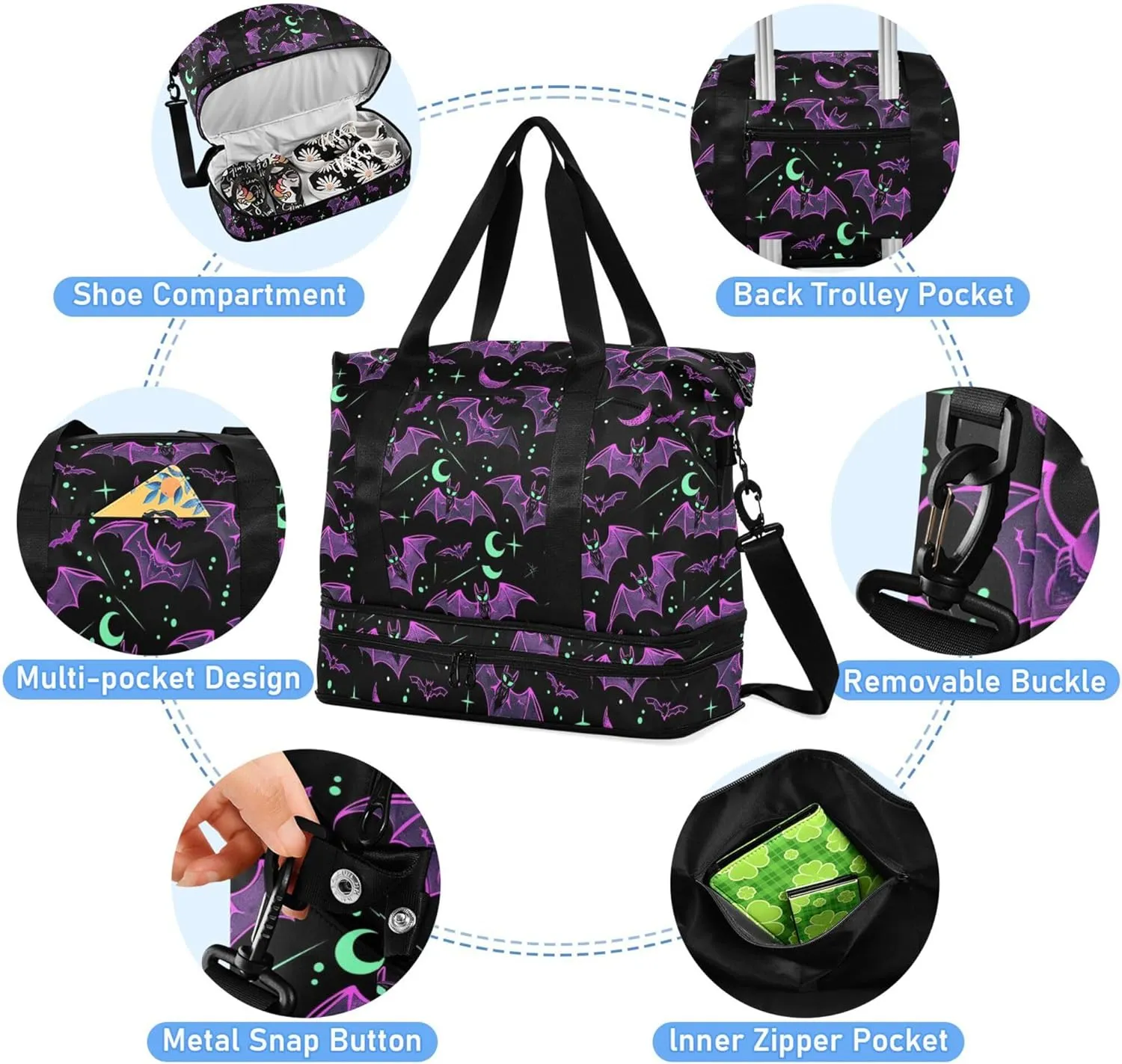 Travel Duffel Tote Bag Neon Purple and Bats Stars and Moons Sports Duffel Bag with Wet Pocket Weekender Overnight Bag for Women Men Gym Bag, Carry On Bag Hospital Bag for Labor and Delivery