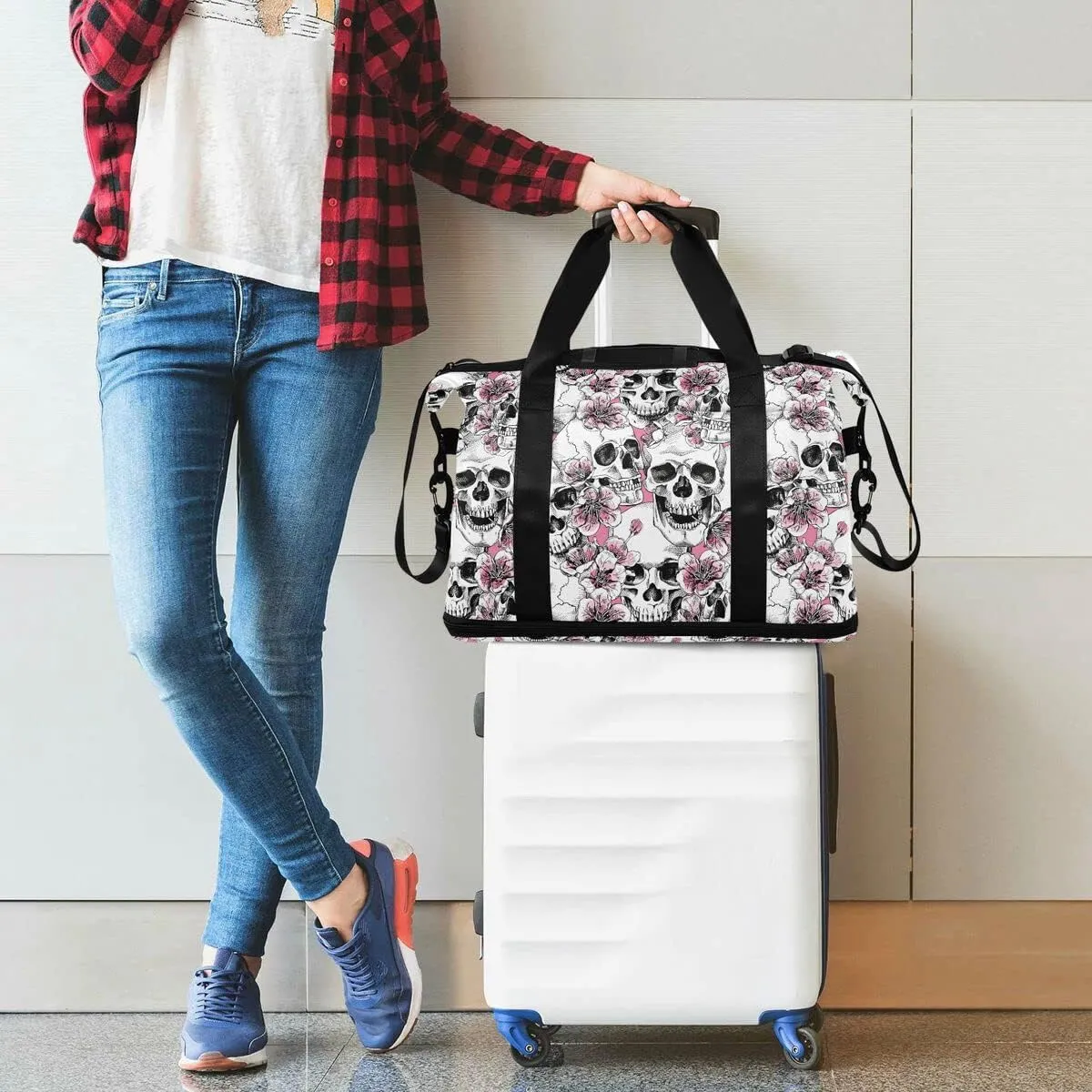 Travel Duffel Tote Bag - Pink Floral Skull Sports Duffel with Wet Pocket - Weekender Overnight Gym Carry On Hospital Bag