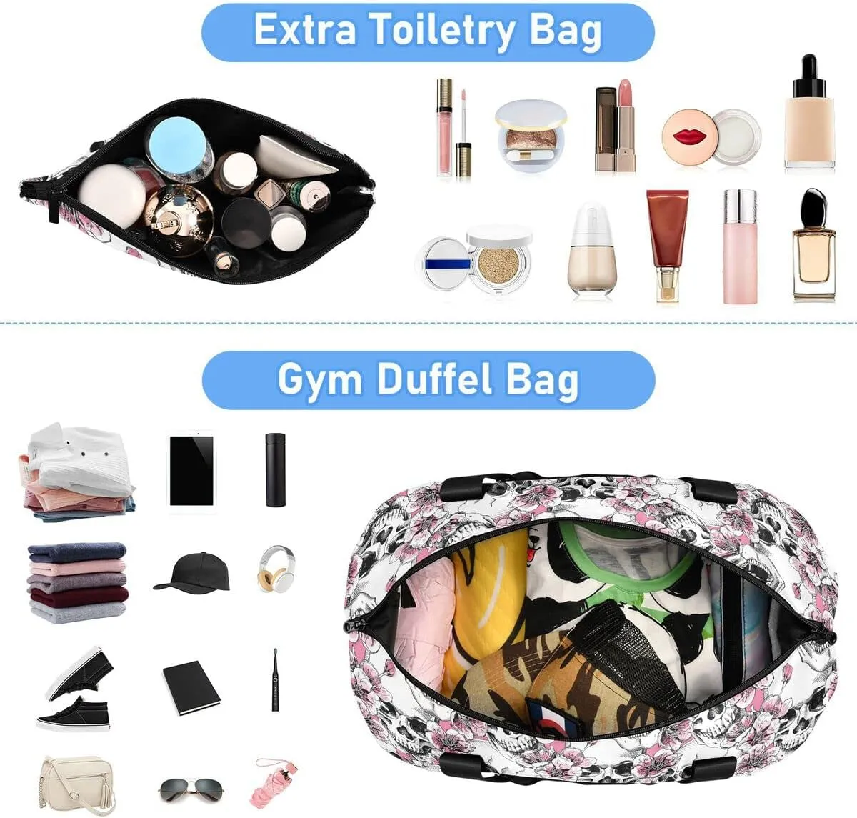 Travel Duffel Tote Bag - Pink Floral Skull Sports Duffel with Wet Pocket - Weekender Overnight Gym Carry On Hospital Bag