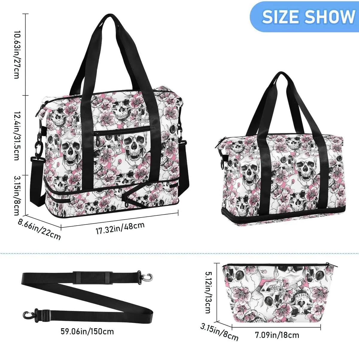 Travel Duffel Tote Bag - Pink Floral Skull Sports Duffel with Wet Pocket - Weekender Overnight Gym Carry On Hospital Bag