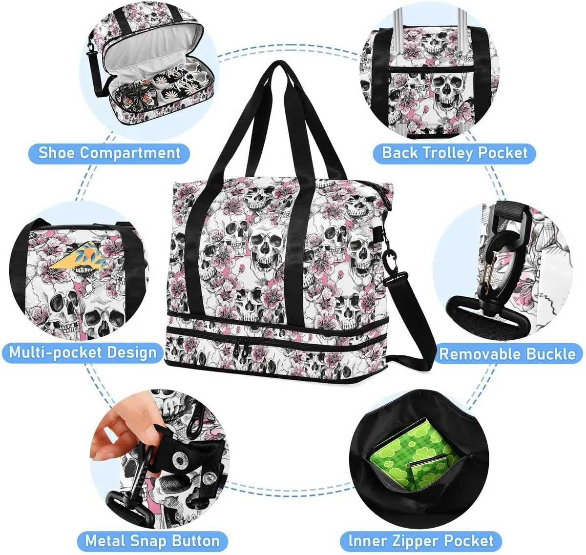 Travel Duffel Tote Bag - Pink Floral Skull Sports Duffel with Wet Pocket - Weekender Overnight Gym Carry On Hospital Bag