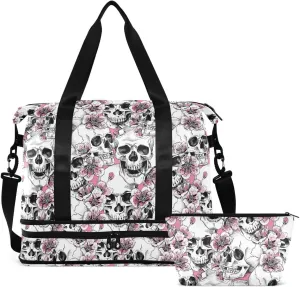 Travel Duffel Tote Bag - Pink Floral Skull Sports Duffel with Wet Pocket - Weekender Overnight Gym Carry On Hospital Bag