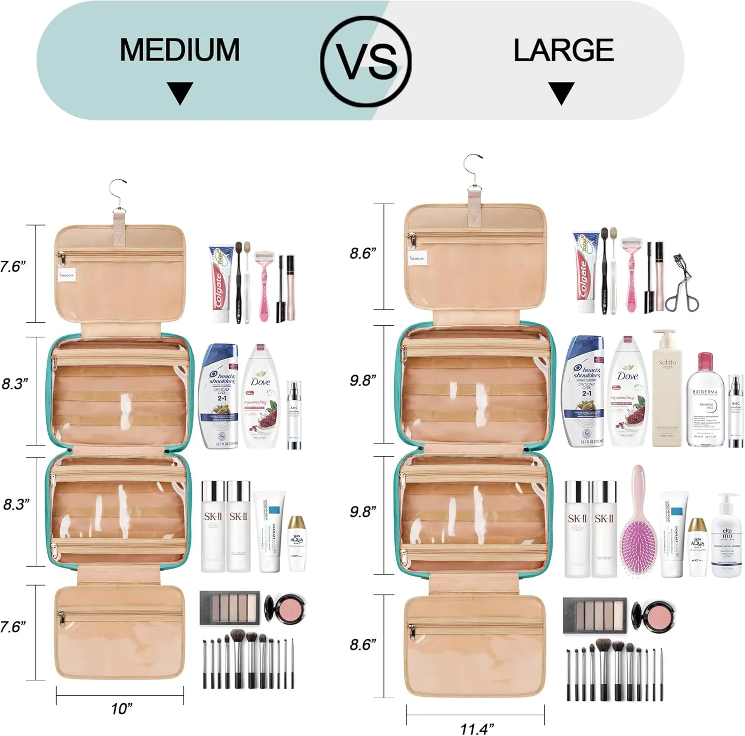 Travel Hanging Toiletry Bag for Women, Large Makeup Bag 8 Leak Proofing Silicone Bottle Covers, Waterproof Cosmetic Bag with Jewelry Organizer Compartment, Toiletries Kit Set, Blue