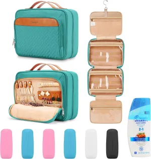 Travel Hanging Toiletry Bag for Women, Large Makeup Bag 8 Leak Proofing Silicone Bottle Covers, Waterproof Cosmetic Bag with Jewelry Organizer Compartment, Toiletries Kit Set, Blue