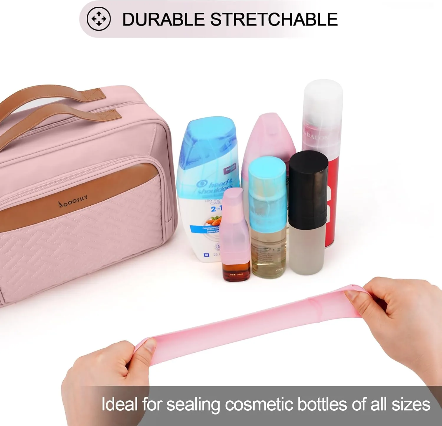 Travel Hanging Toiletry Bag for Women, Large Makeup Bag 8 Leak Proofing Silicone Bottle Covers, Waterproof Cosmetic Bag with Jewelry Organizer Compartment, Toiletries Kit Set, Pink