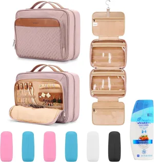 Travel Hanging Toiletry Bag for Women, Large Makeup Bag 8 Leak Proofing Silicone Bottle Covers, Waterproof Cosmetic Bag with Jewelry Organizer Compartment, Toiletries Kit Set, Pink