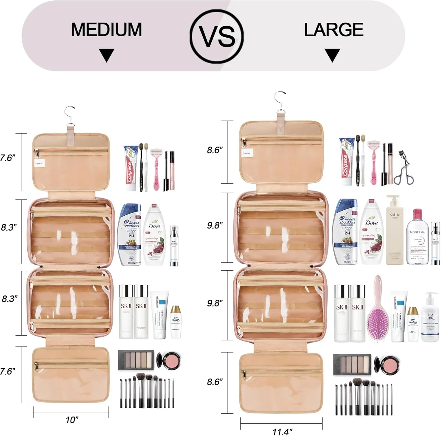 Travel Hanging Toiletry Bag for Women, Large Makeup Bag 8 Leak Proofing Silicone Bottle Covers, Waterproof Cosmetic Bag with Jewelry Organizer Compartment, Toiletries Kit Set, Pink