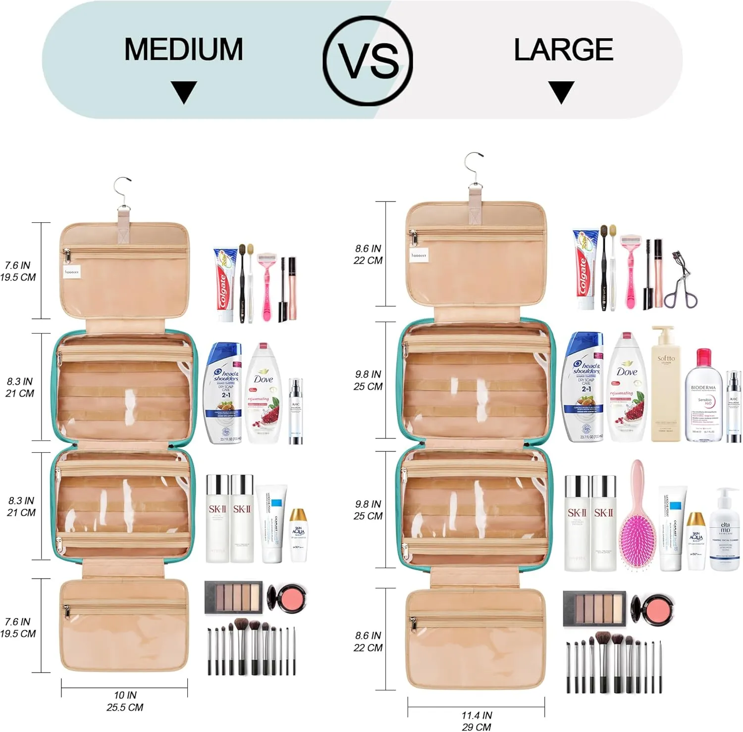 Travel Hanging Toiletry Bag for Women, with Jewelry Organizer Compartment, Medium Waterproof Hanging Makeup Accessories, Cosmetic Essentials, Toiletries Dopp Kit Set with Trolley Belt, Blue