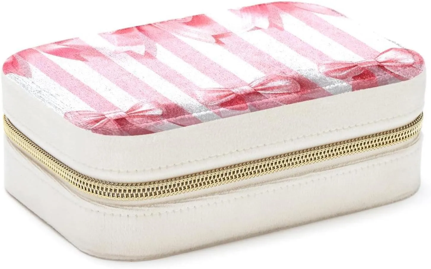 Travel Jewelry Box for Women Girls, Pink Ribbon Bows on Striped White Pink Background Jewelry Organizer Case for Necklace, Stud Earrings, Ring, Bracelets Storage Boxes