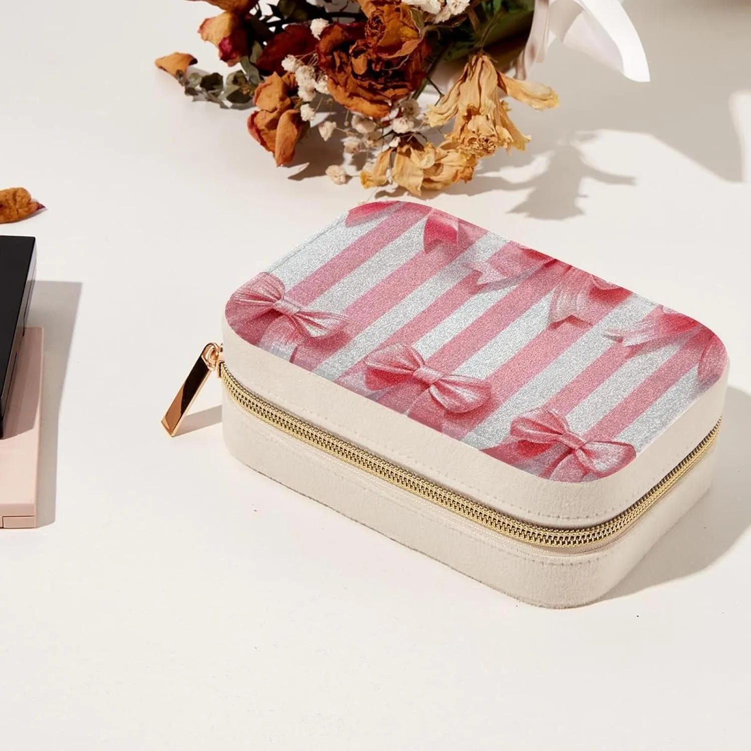 Travel Jewelry Box for Women Girls, Pink Ribbon Bows on Striped White Pink Background Jewelry Organizer Case for Necklace, Stud Earrings, Ring, Bracelets Storage Boxes