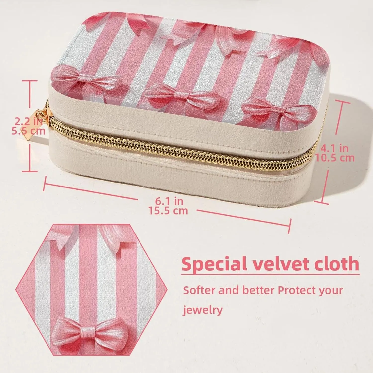 Travel Jewelry Box for Women Girls, Pink Ribbon Bows on Striped White Pink Background Jewelry Organizer Case for Necklace, Stud Earrings, Ring, Bracelets Storage Boxes