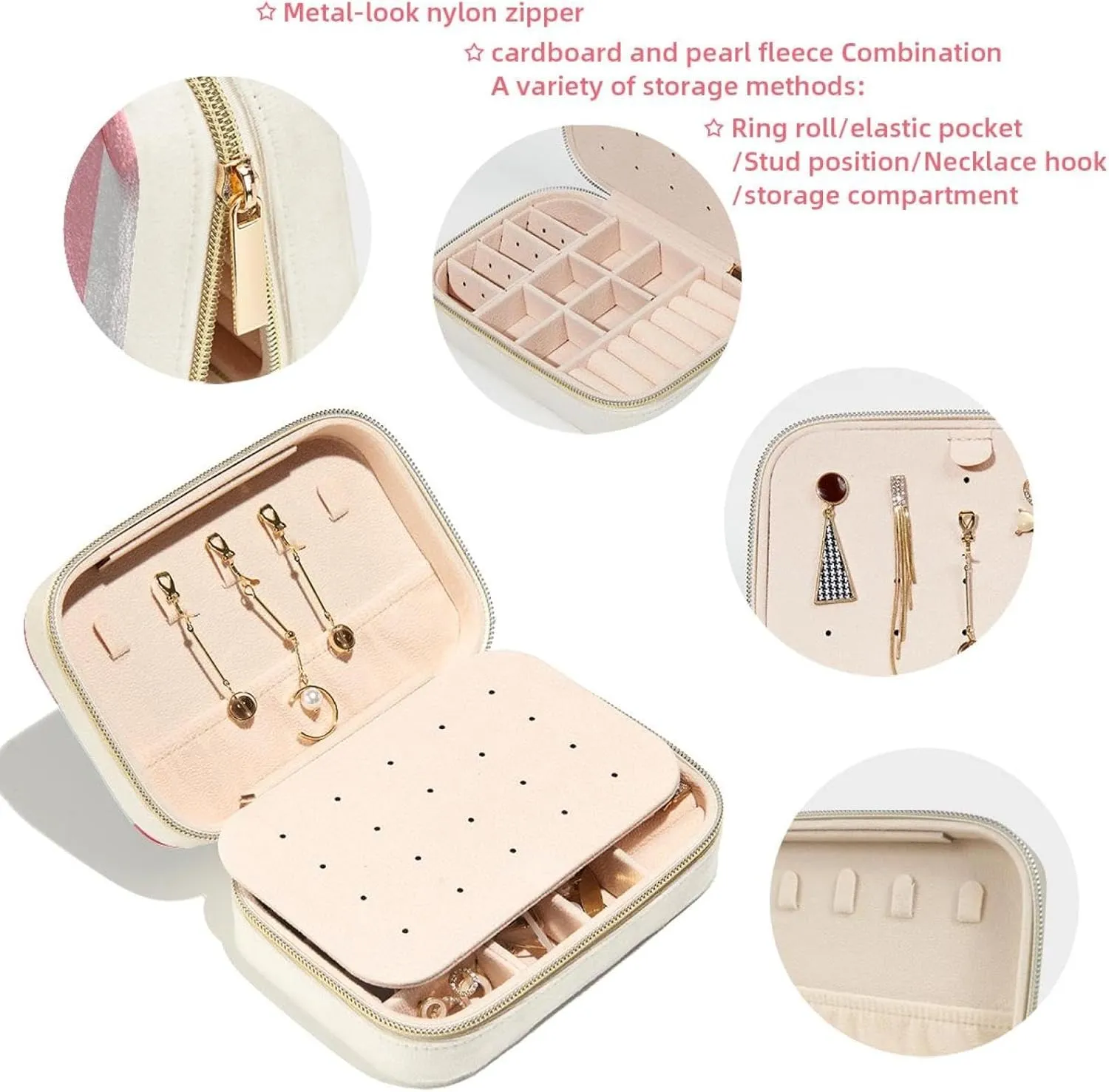 Travel Jewelry Box for Women Girls, Pink Ribbon Bows on Striped White Pink Background Jewelry Organizer Case for Necklace, Stud Earrings, Ring, Bracelets Storage Boxes