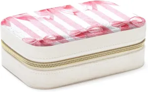 Travel Jewelry Box for Women Girls, Pink Ribbon Bows on Striped White Pink Background Jewelry Organizer Case for Necklace, Stud Earrings, Ring, Bracelets Storage Boxes