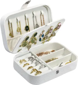 Travel Jewelry Box, PU Leather Small Jewelry Organizer for Women Girls, Portable Mini Travel Case Display Storage Holder Boxes for Stud Earrings, Rings, Necklaces, Bracelets (Glitter White)