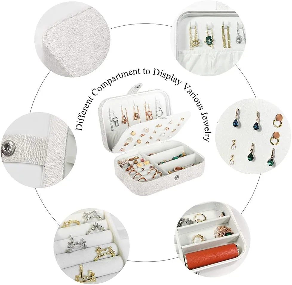 Travel Jewelry Box, PU Leather Small Jewelry Organizer for Women Girls, Portable Mini Travel Case Display Storage Holder Boxes for Stud Earrings, Rings, Necklaces, Bracelets (Glitter White)