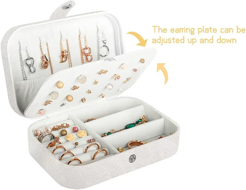 Travel Jewelry Box, PU Leather Small Jewelry Organizer for Women Girls, Portable Mini Travel Case Display Storage Holder Boxes for Stud Earrings, Rings, Necklaces, Bracelets (Glitter White)