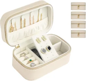 Travel Jewelry Case Bulk Of 4 For Women-Small,Portable, Zip, PU Leather Jewelry Organizer For Earring Bracelets-Beige Mini Travel Jewelry Box Set Perfect For Jewelry Box Bridesmaid Gift