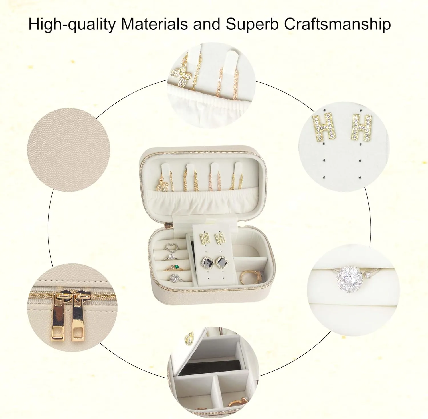 Travel Jewelry Case Bulk Of 4 For Women-Small,Portable, Zip, PU Leather Jewelry Organizer For Earring Bracelets-Beige Mini Travel Jewelry Box Set Perfect For Jewelry Box Bridesmaid Gift