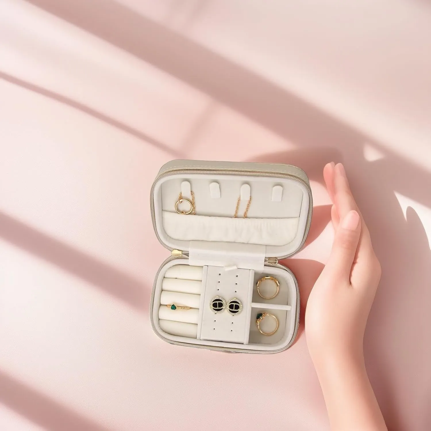 Travel Jewelry Case Bulk Of 4 For Women-Small,Portable, Zip, PU Leather Jewelry Organizer For Earring Bracelets-Beige Mini Travel Jewelry Box Set Perfect For Jewelry Box Bridesmaid Gift