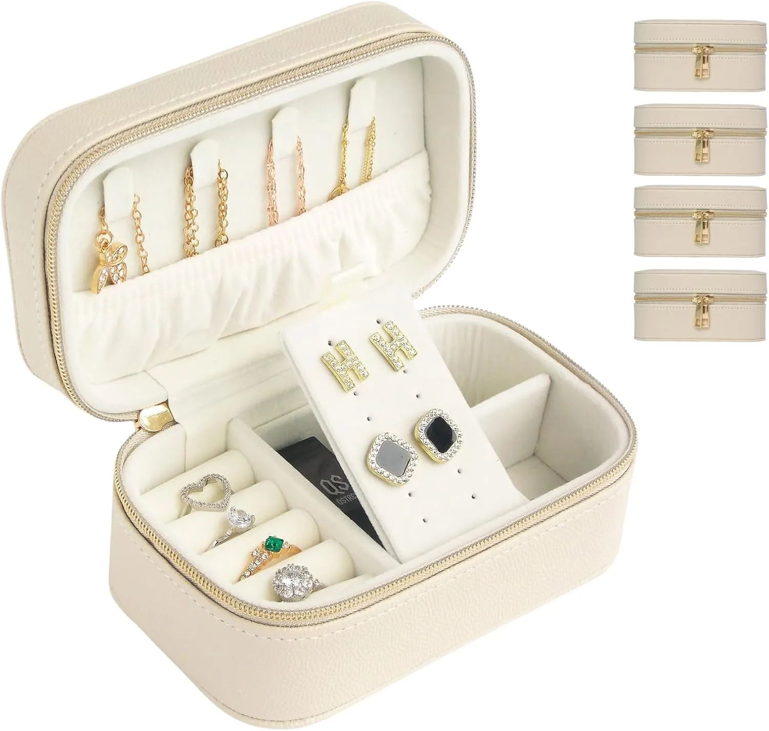 Travel Jewelry Case Bulk Of 4 For Women-Small,Portable, Zip, PU Leather Jewelry Organizer For Earring Bracelets-Beige Mini Travel Jewelry Box Set Perfect For Jewelry Box Bridesmaid Gift